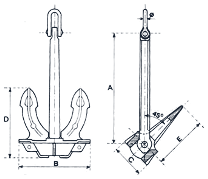 Halls Stockless Anchor dimension diagram